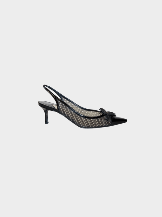 Chanel 2000s Black Mesh and Patent Leather Four-Leaf Clover Slingback Heels