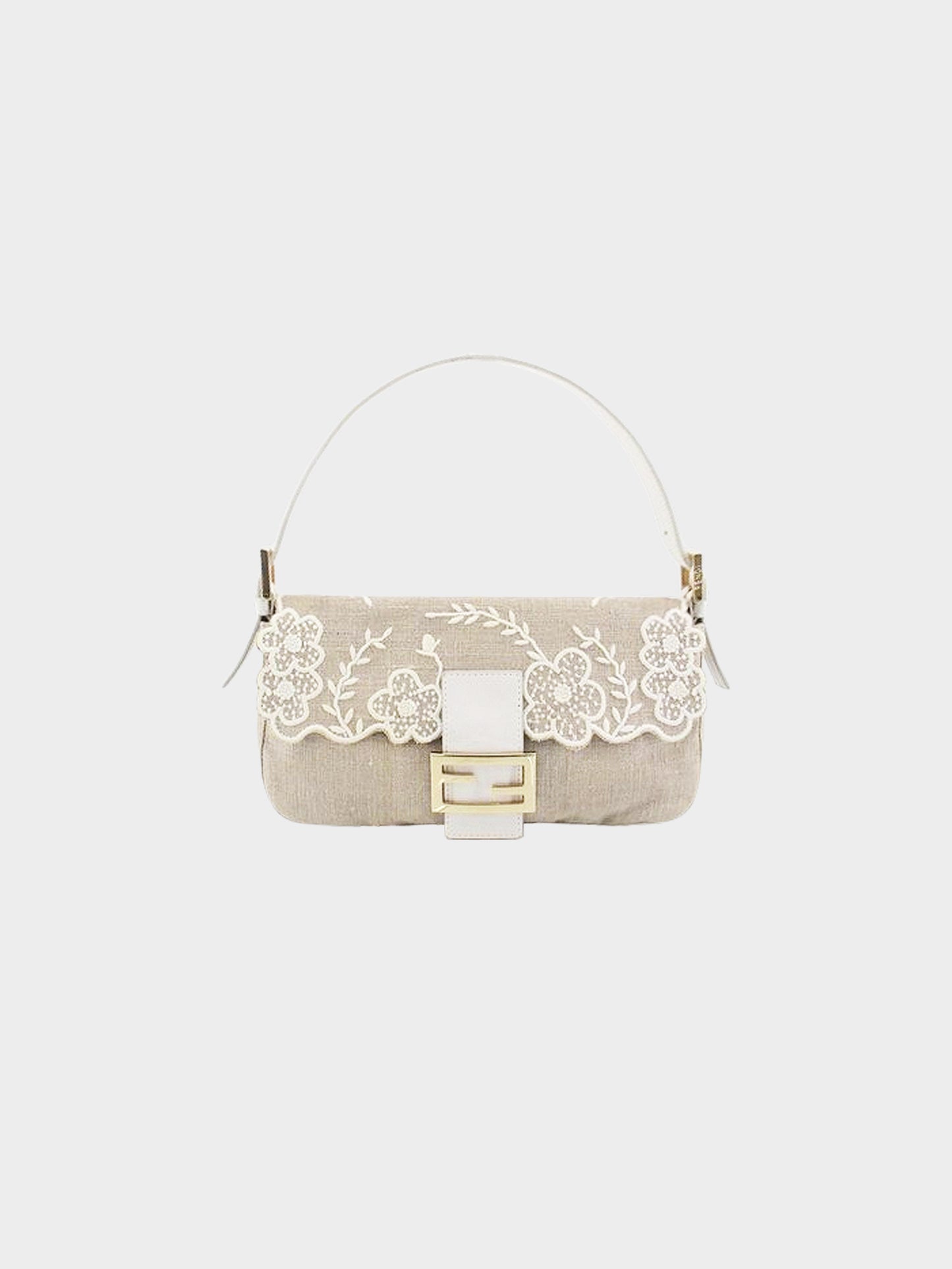 Fendi 2000s Beige and White Floral Embroidered Linen Baguette