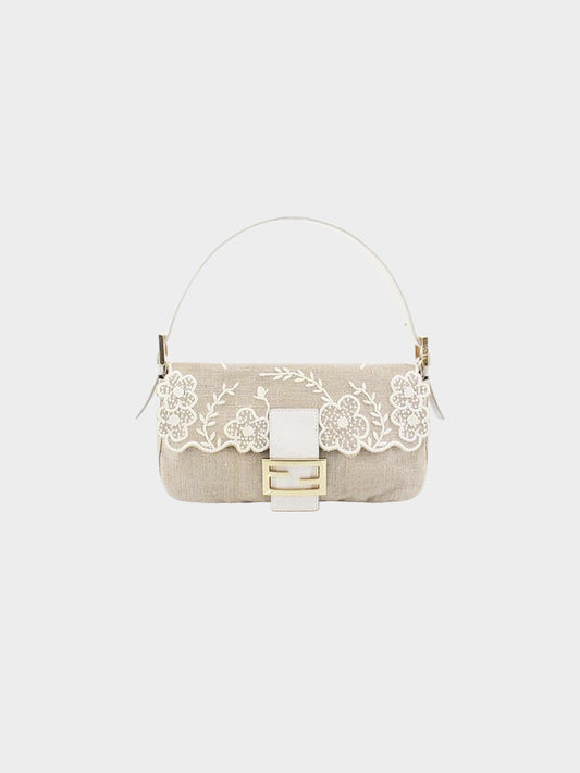 Fendi 2000s Beige and White Floral Embroidered Linen Baguette