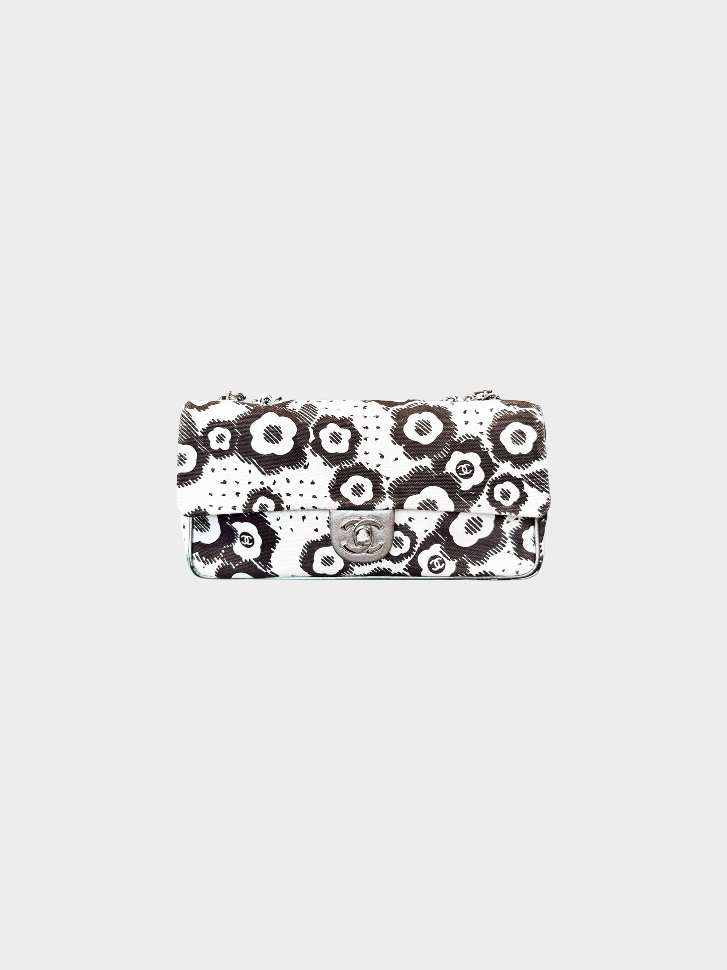 Chanel 2005-2006 White Canvas Camellia Print Flap Bag