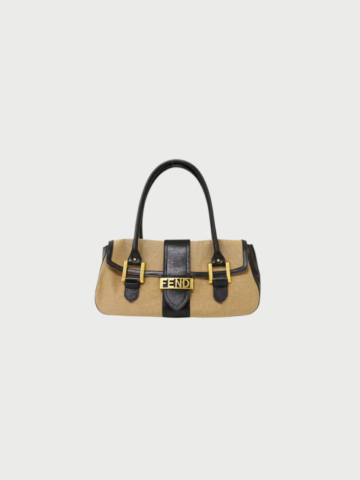 Fendi 2000s Beige Black Canvas Leather Zucca Logo Hardware Handbag