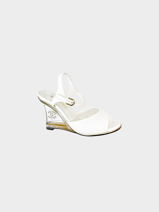 Chanel 2020 Ivory Leather Lucite Logo Wedges  Heels