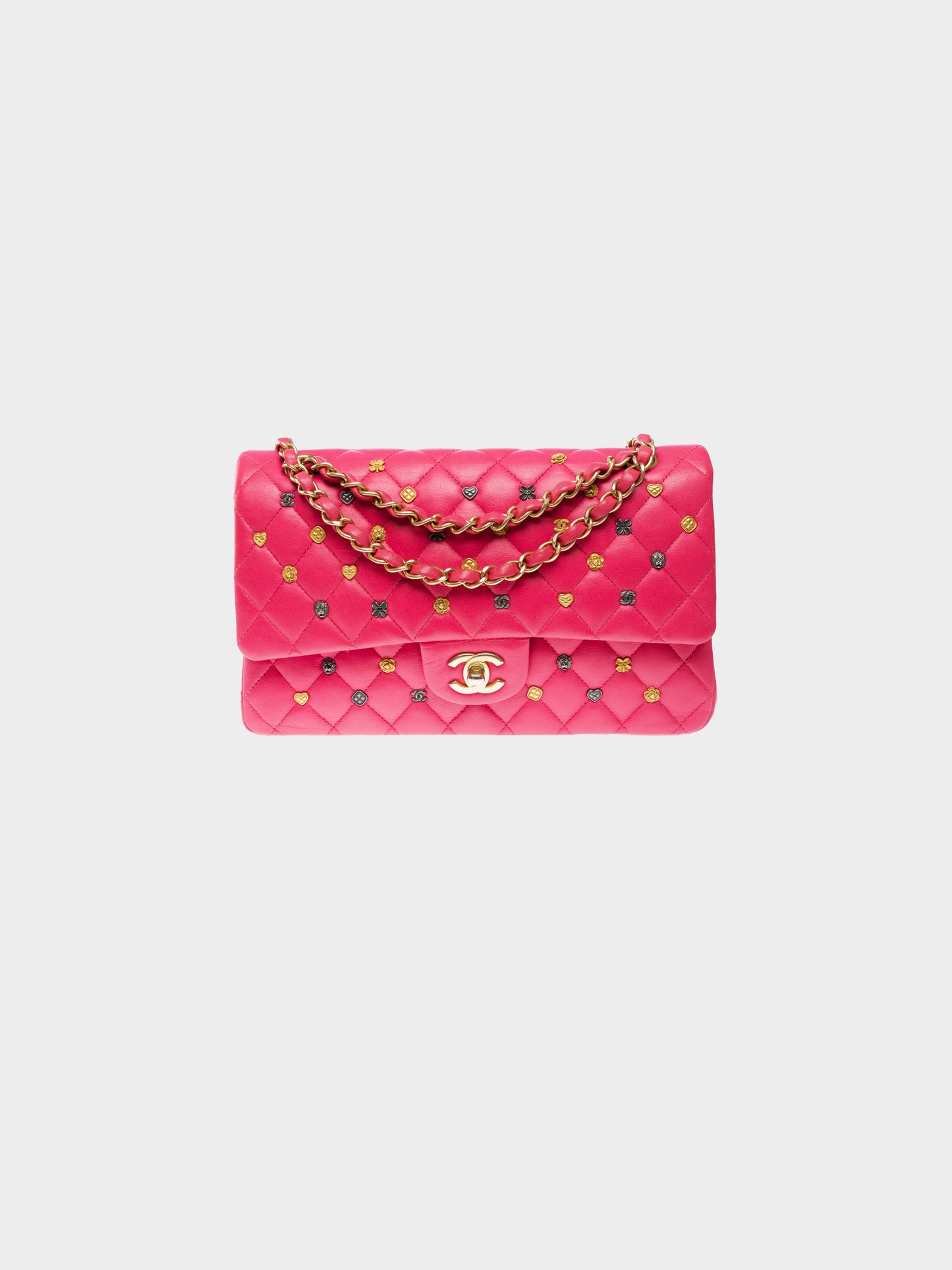 Chanel 2019 Limited Edition Pink Leather "Lucky Charms" Studded Medium Flap Bag