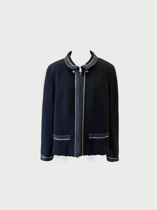 Chanel 1994 Black Tweed Ribbon Trim Jacket