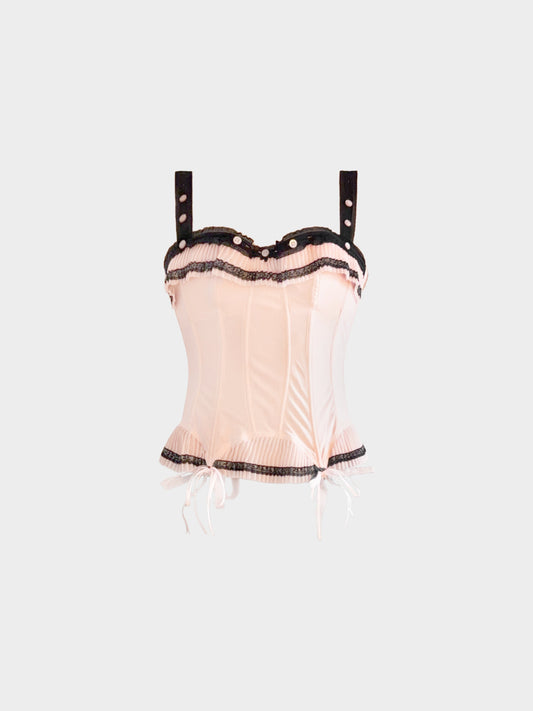 Chantal Thomass 2000s Pink and Black Lace-trim Bustier Corset Top
