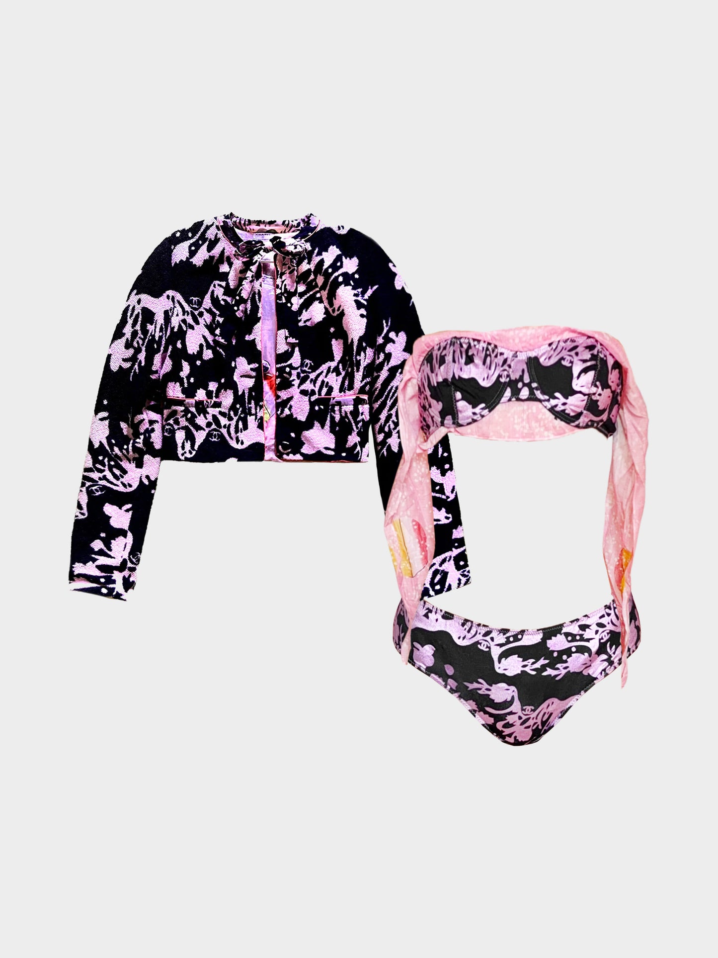 Chanel SS 2005 Karl Lagerfeld Rare Black and Pink Floral Bikini and Terrycloth Cropped Blazer Set