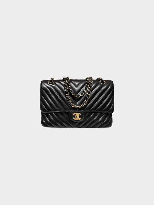 Chanel Late 2010s Black Lambskin Leather Chevron Stitch Medium Classic Flap Bag