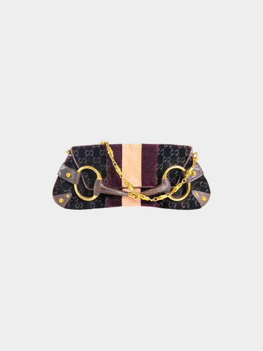Gucci by Tom Ford 2000s Purple and Pink Velevet with Lizard Leather GG Monogram Horsebit Bag