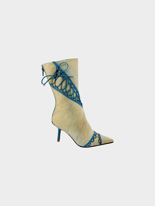Christian Dior 2000s Denim Acid Wash Asymmetrical Lace-up Ankle Boots