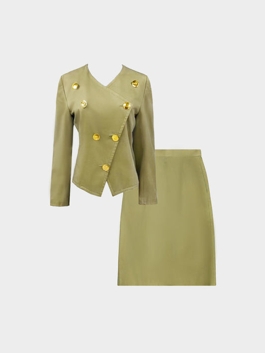 Yves Saint Laurent 1990s Khaki Green Cotton Jacket and Skirt Set