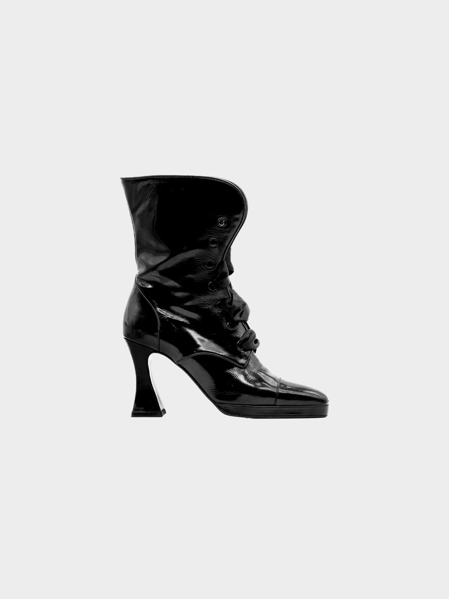 Chanel FW 1994 Black Satin Lace-up Leather Ankle Boots