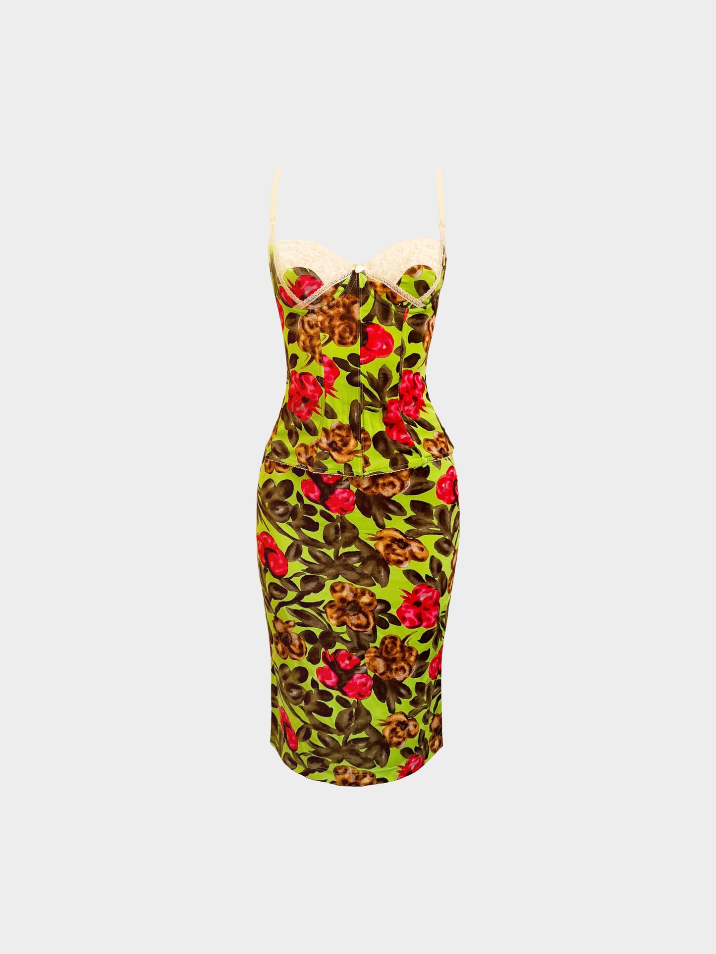 Dolce and Gabbana 2000s Floral Print and Lace trim Corset Top and Skirt Set