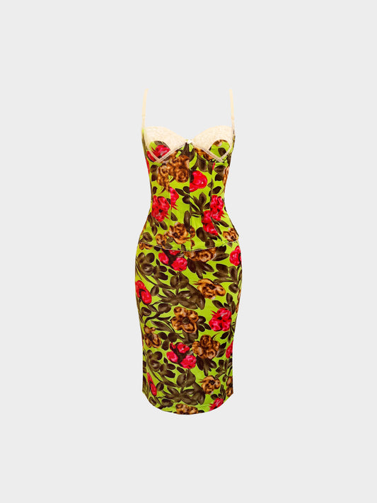 Dolce and Gabbana 2000s Floral Print and Lace trim Corset Top and Skirt Set