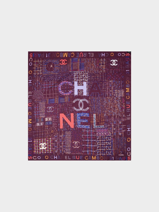 Chanel 2000s Purple Rue Cambon Multicolor "Tweed" Pattern Print Silk Scarf