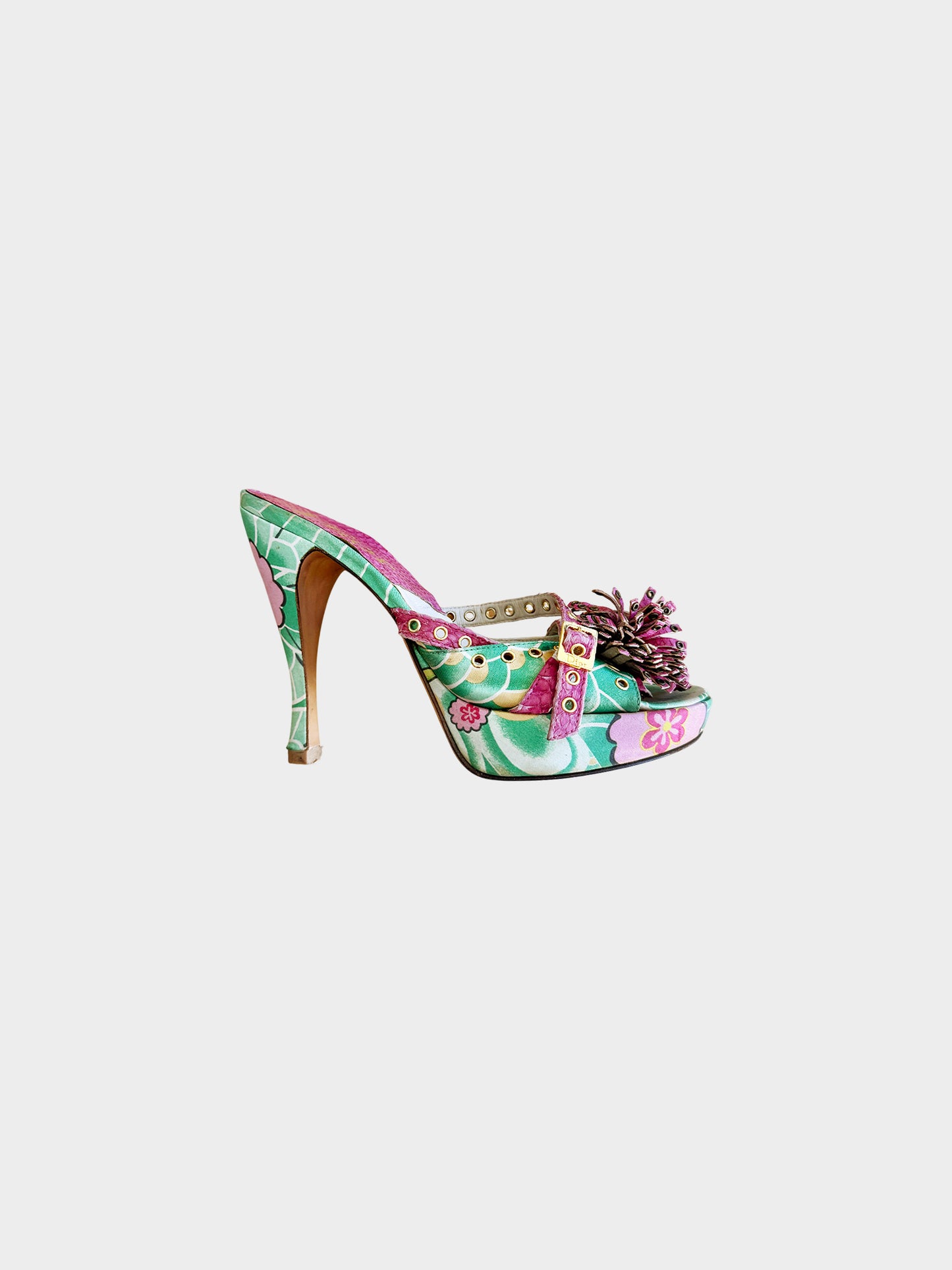 Christian Dior by John Galliano 2003 Green Floral and Koi Print Heels