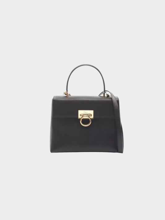 Salvatore Ferragamo 1990s Dark Brown Saffiano Leather Gancini Top Handle Bag