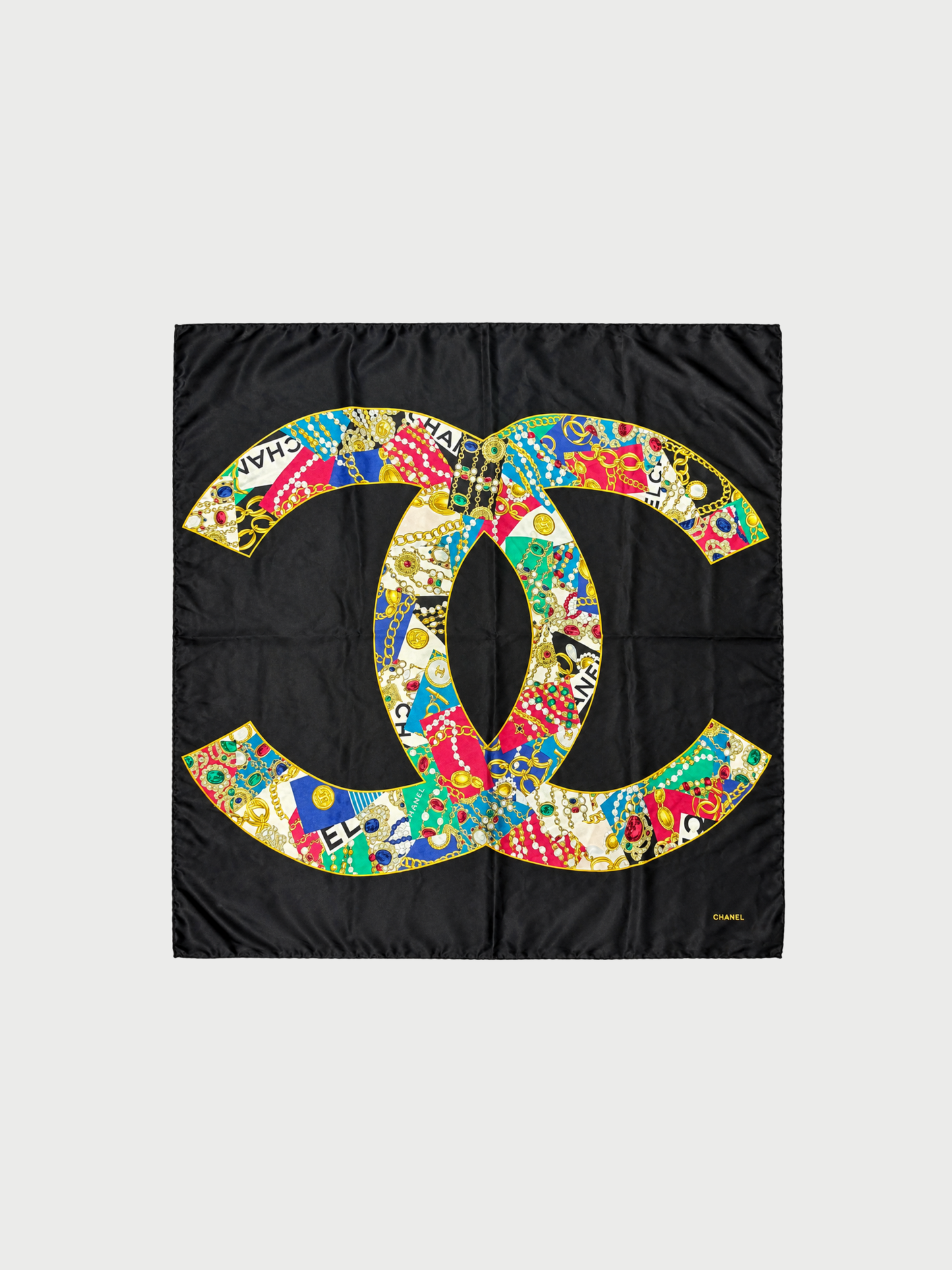 Chanel 1990s Black Multicolor Big CC Jewelry Mosaic Silk Scarf