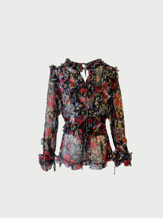 Dolce & Gabbana 2010s Black Multicolor Silk Chiffon Ruffled Floral Blouse