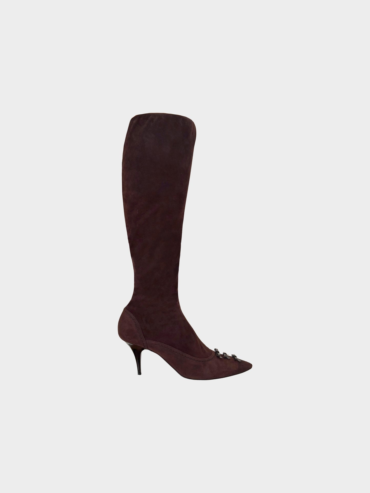 Louis Vuitton 2000s Brown Suede Long Boots with Patent Leather Bow Details