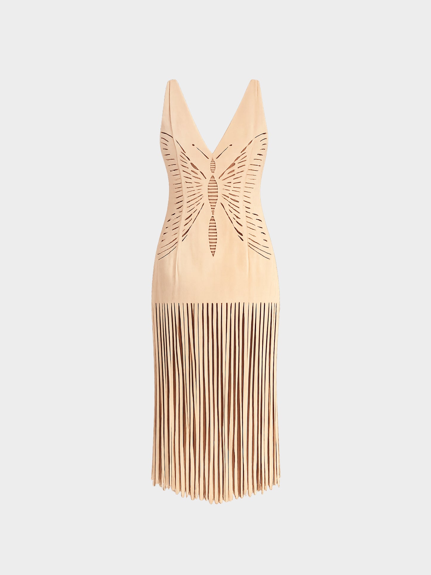 Christian Dior by John Galliano FW 2001 Beige Ultrasuede Butterfly Cutout Fringe Dress