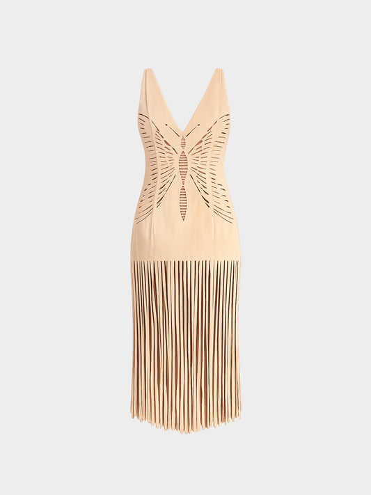 Christian Dior by John Galliano FW 2001 Beige Ultrasuede Butterfly Cutout Fringe Dress
