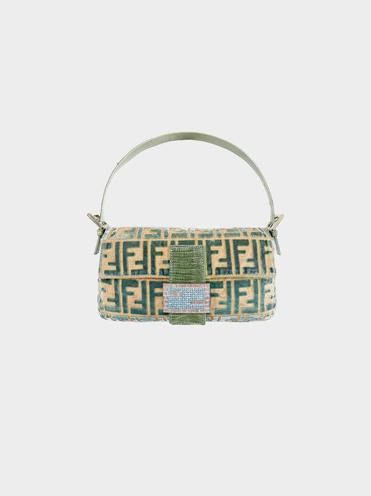 Fendi 2000s Green and Beige Velvet and Lizard Leather Zucca Rhinestone Baguette