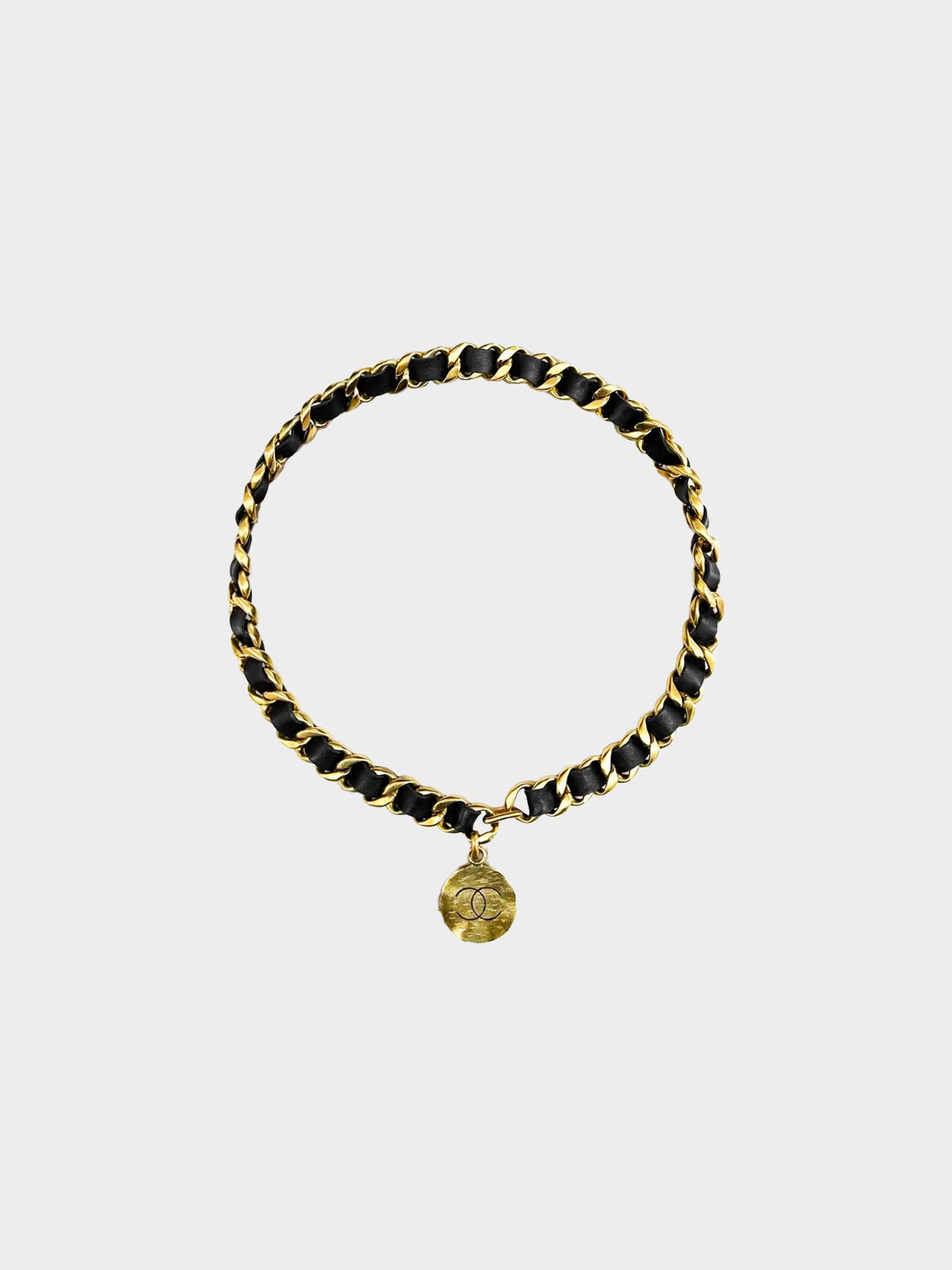 Chanel SS 1995 Gold and Black Leather Chain Belt with Logo Charm