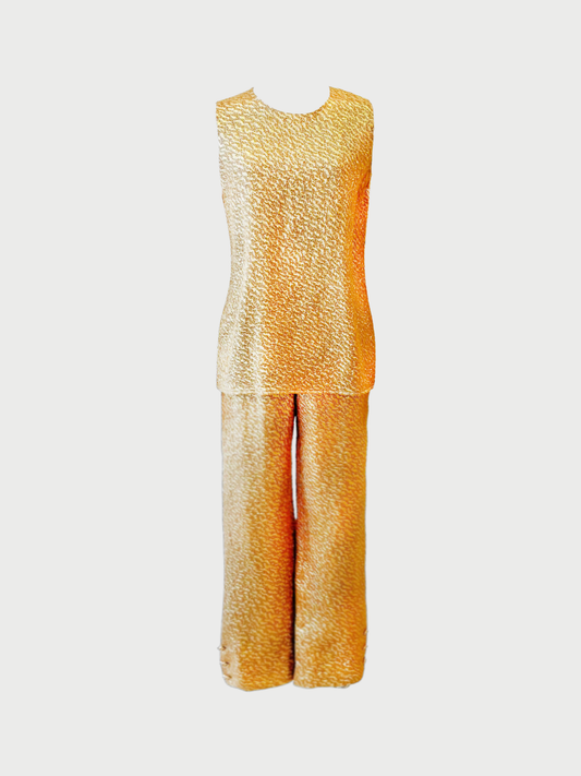 Chanel 1996 Gold Crinkled Silk Gripoix Button Top & Pants Set