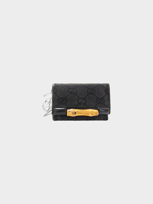 Gucci 1990s Black GG Canvas and Leather Bamboo Motif Key Case