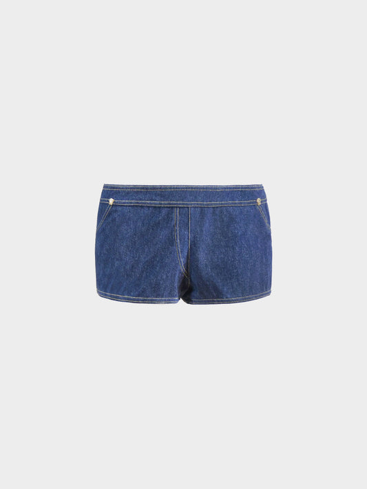 Gianni Versace 2000s Trompe L’œil Denim Micro Swim Shorts with Gold Details