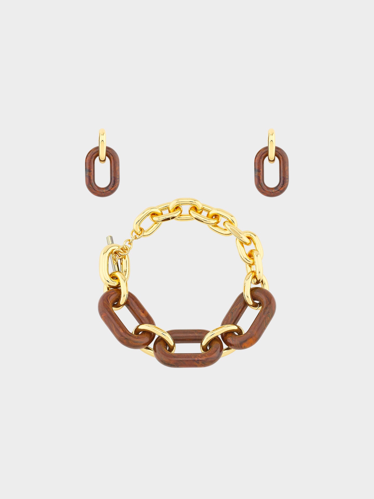 Paco Rabanne 2010s Gold and Wood Chain Link Choker Necklace and Earrings Set
