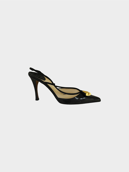 Christian Dior 2000s Black Lock and Key Patent Leather Slingbacks