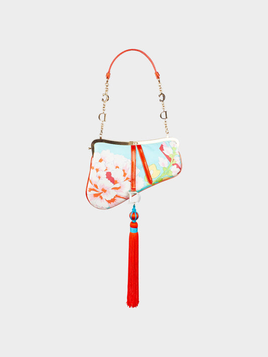 Christian Dior FW 2003 Limited Edition Blue Silk Oriental Floral Print Saddle Bag
