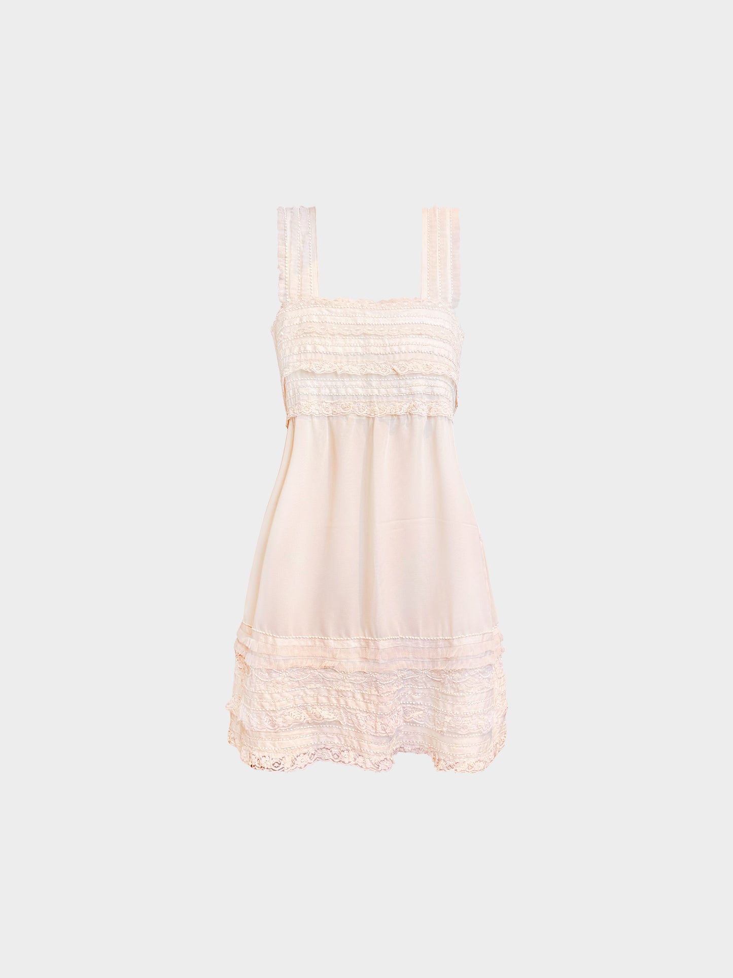 Valentino 2000s Beige Chiffon Mesh and Lace Embellished Square Neck Dress