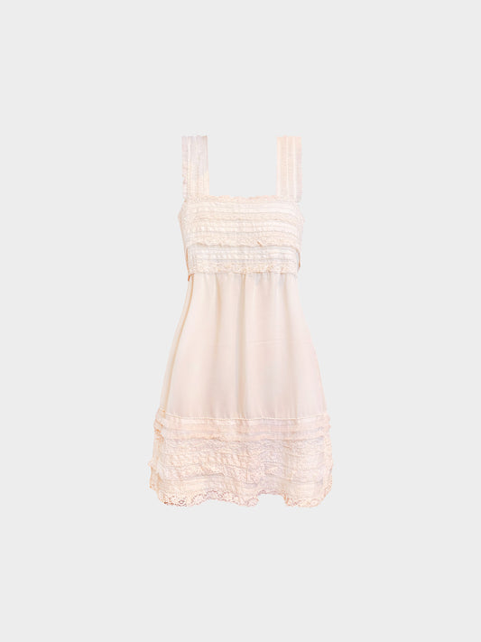 Valentino 2000s Beige Chiffon Mesh and Lace Embellished Square Neck Dress