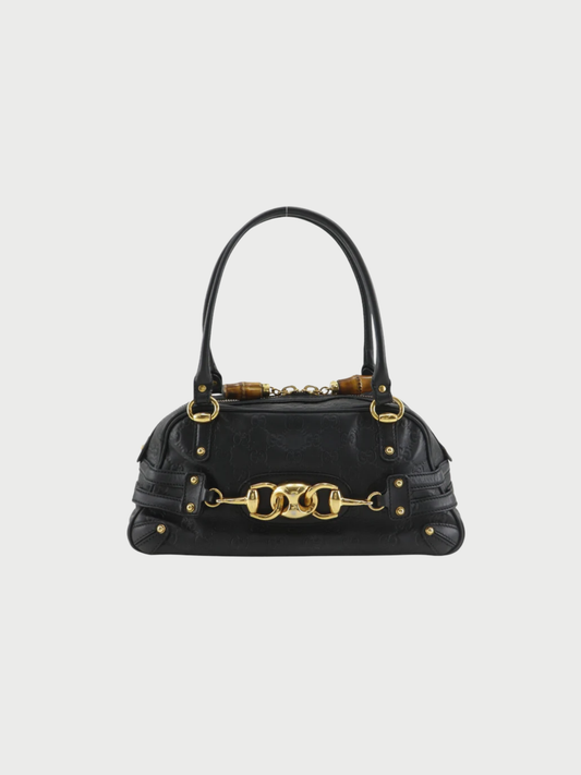 Gucci 2000s Gold Guccissima Leather Bamboo Horsebit 2-Way Handbag