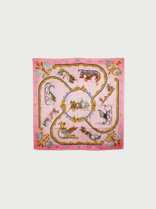 Hermès 2000s Raspberry Pink Silk Carré 90 Plumes et Grelots Scarf