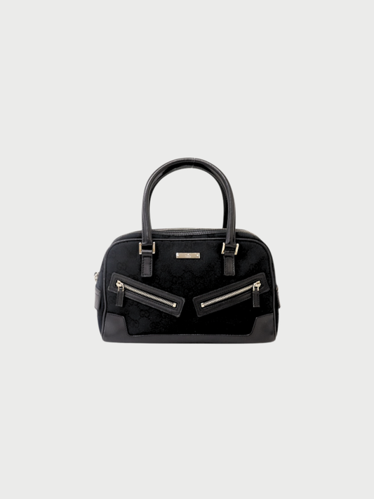 Gucci 2000s Black GG Canvas Leather Front Zip Handbag
