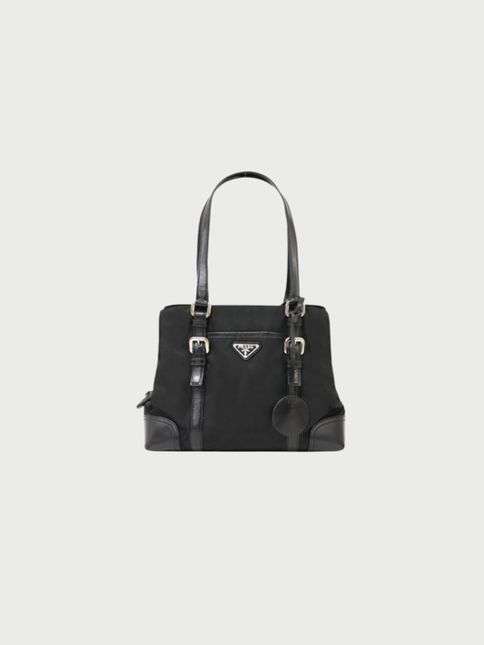 Prada 2000s Black Nylon Leather Triangle Logo Handbag