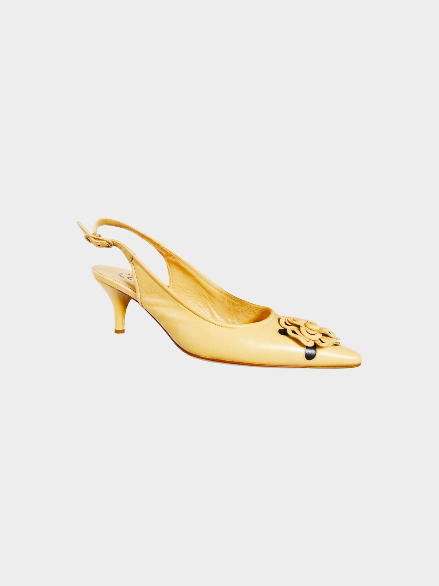 Chanel 2000s Beige Camellia Motif Leather Kitten Heels