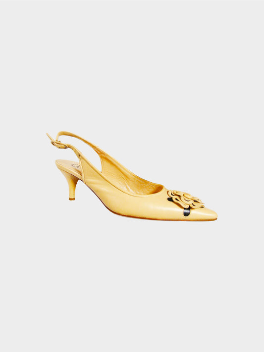 Chanel 2000s Beige Camellia Motif Leather Kitten Heels
