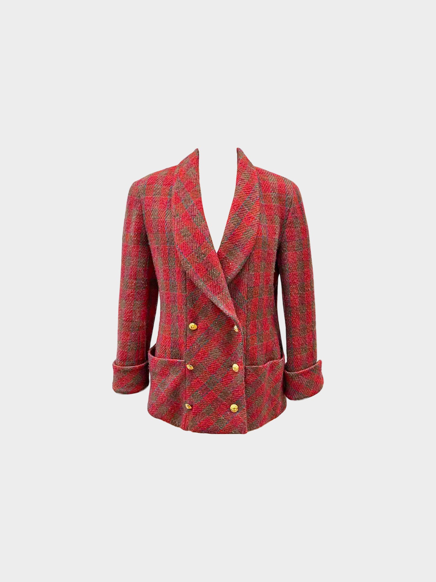 Chanel 1980s Red and Green Fleck Tweed Double-breasted Jacket