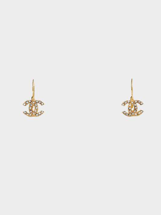 Chanel 2000s Gold Crystal Mini CC Drop Hook Earrings
