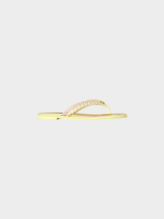 Chanel SS 2024 Yellow and Pink Raffia Thong Beach Sandals