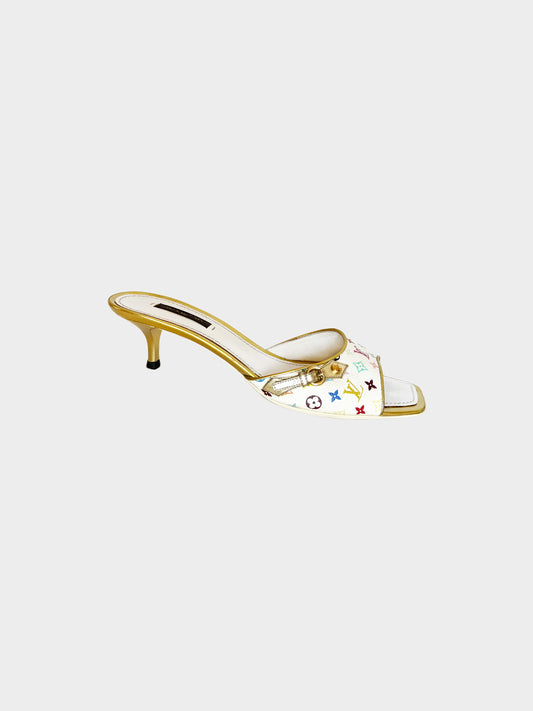 Louis Vuitton 2000s Gold and White Multicolor Monogram Slide Sandals