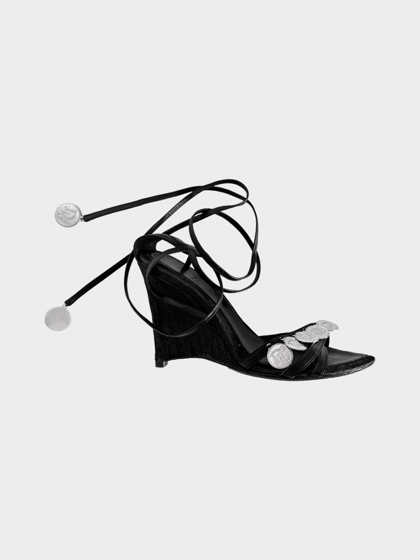 Christian Dior 2000s Black Trotter Medallion Strappy Wedge Sandals