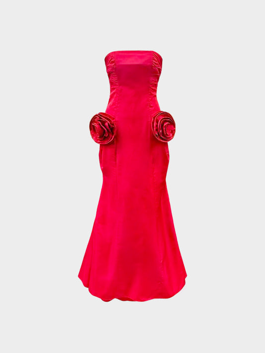 Valentino 2000s Red Strapless Silk Gown with Rosette Pockets
