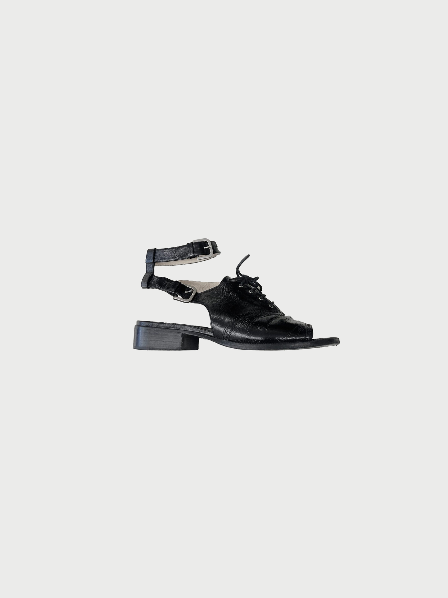 Chanel 2010s Black Crinkle Leather Brogue Lace-Up Sandals