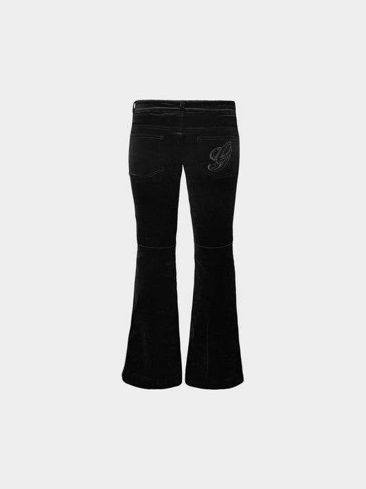 Gucci 2012 Black Velvet G Logo Embroidered Flared Pants