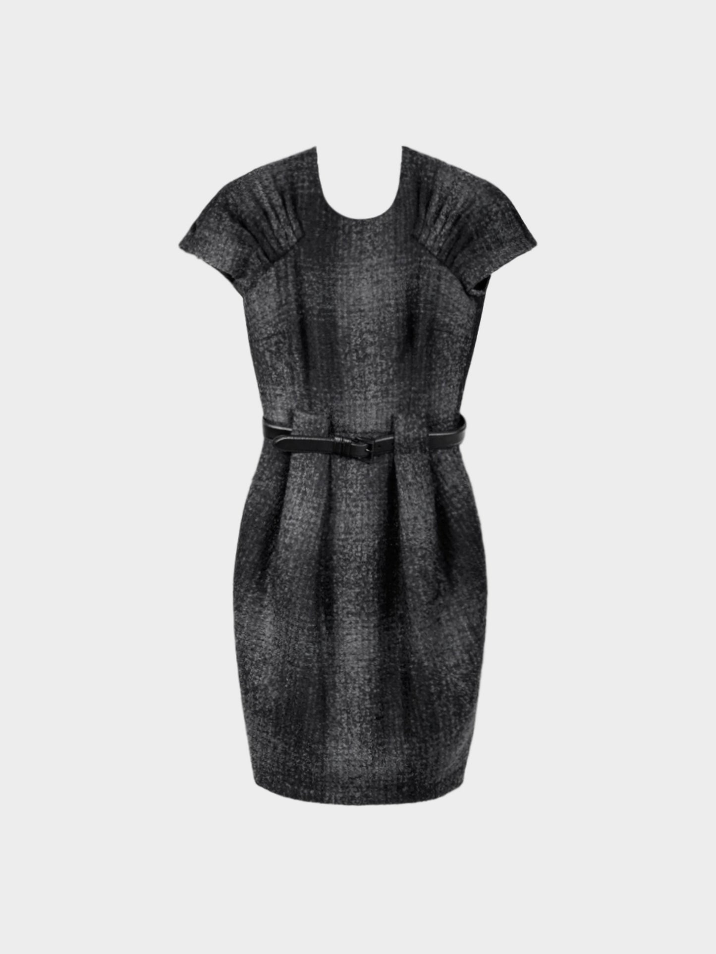 Prada 2009 Grey Tweed Belted Cap-Sleeve Dress